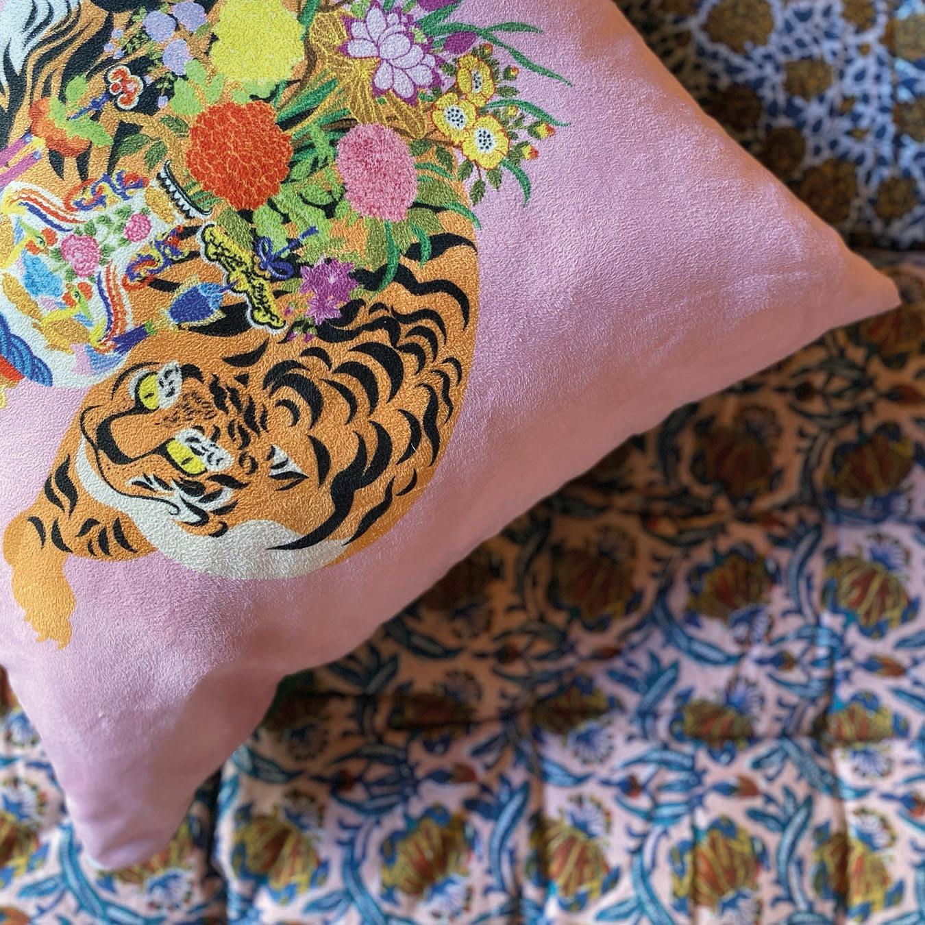 Good Luck Tiger Green And Pink Cushion by Camille Gressier Fy